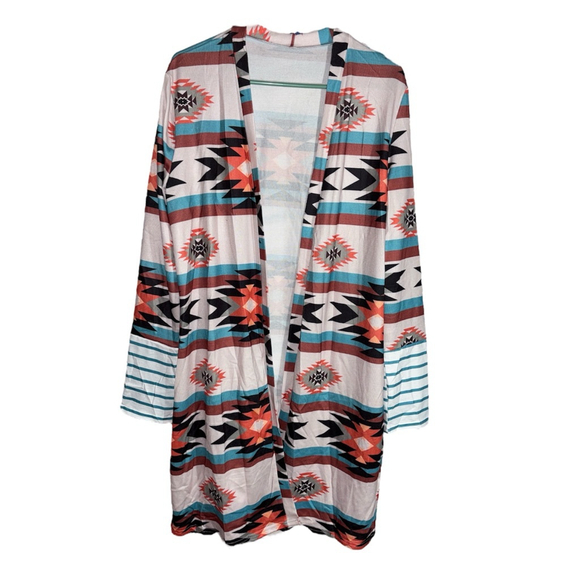 Western Boho Duster Cardigan Multicolor Aztec Southwestern Tribal Print Size 14 - Picture 3 of 7